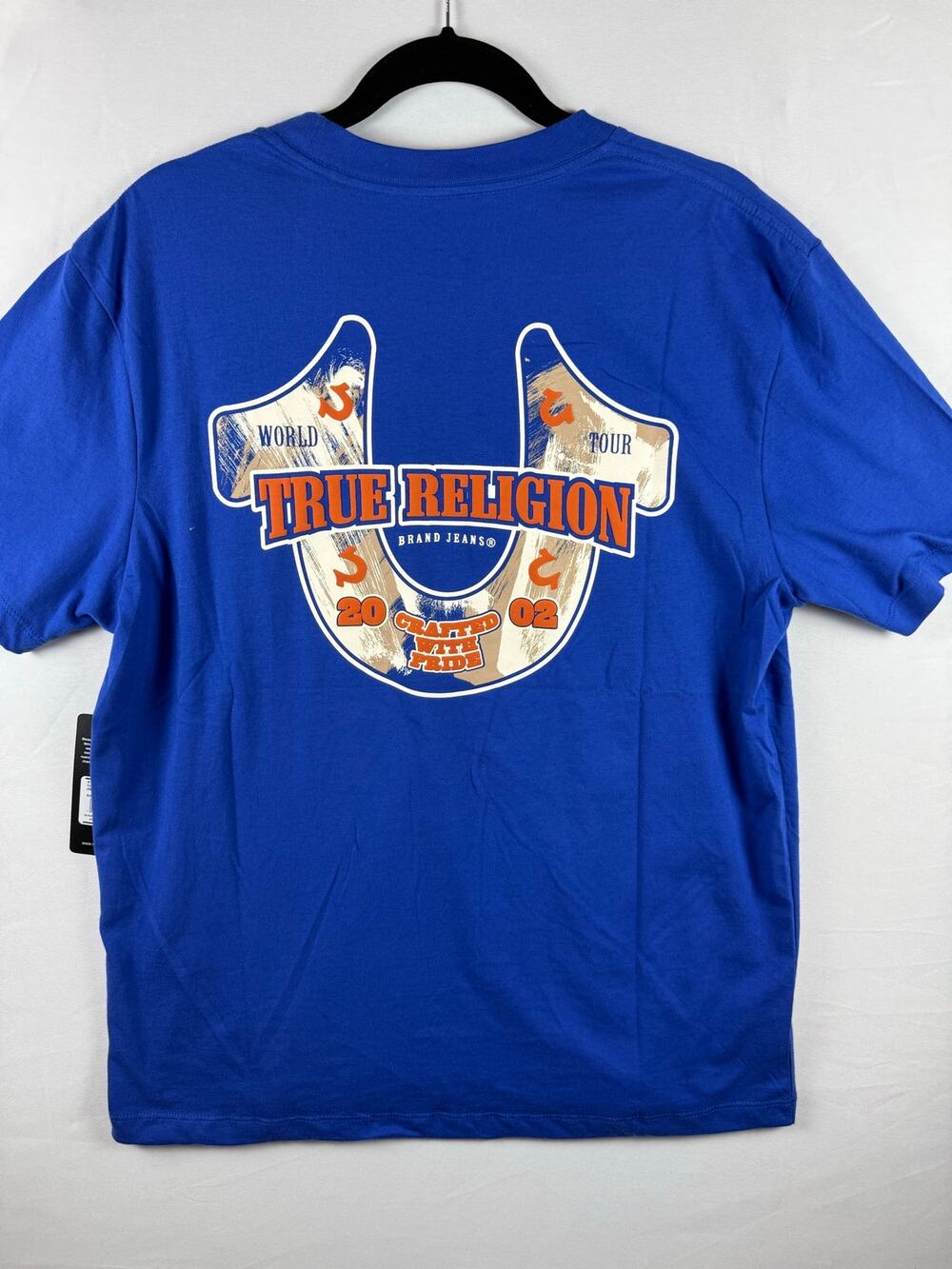 True Religion Abstract Denim Horseshoe T Shirt Mens M Blue Graphic Tee NWT
